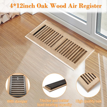 Howeall 4X12 Inch White Oak Wood Floor Register Vents Cover Drop In Wood Vent Register With Damper Wooden Vents Covers For Hom