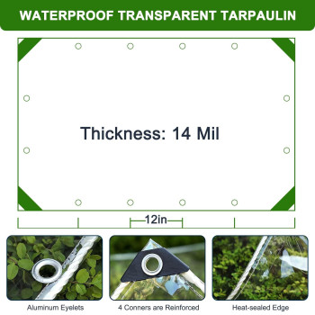 Clear Tarp With Grommets 3X3Ft Transparent Heavy Duty Water Resistant Tarp Cover With Reinforced Edge 14Mil Thickened Tear Resis