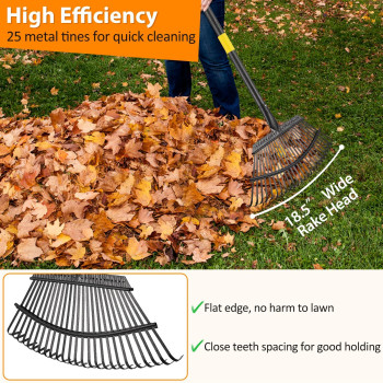 Rake Garden Rake For Leaves Heavy Duty Metal Leaf Rake With 3765 Inch Adjustable Steel Handle 25 Tines 18 Wide Rake Garden