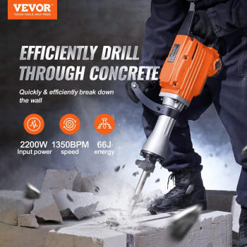 Vevor 2200W Demolition Jack Hammer 1400 Bpm Jack Hammer Concrete Breaker Heavy Duty Electric Jack Hammer 6Pcs Chisels Bit With