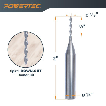 Powertec 73038P5 Down Cut Spiral 116 Router Bit 14 Shank Tungsten Carbide Router Bit With 12 Cutting Length 2 Lon