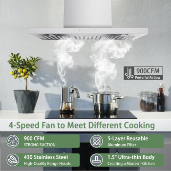 Oneeon 30 Range Hood 900 Cfm Stainless Steel Wall Mount Kitchen Exhaust With 4 Speed Fan Led Lights Push Button Ultrathi