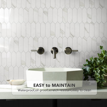 Vamos Tile Glossy White Marble Backsplash Tile Peel And Stick 128 X 128 Inch 10 Sheets Long Hexagon Pvc Self Adhesive Mosaic