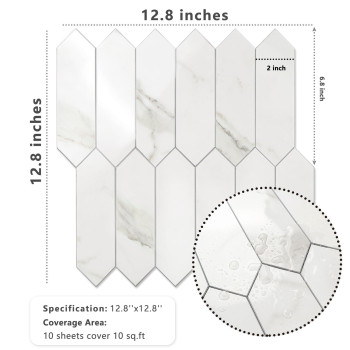 Vamos Tile Glossy White Marble Backsplash Tile Peel And Stick 128 X 128 Inch 10 Sheets Long Hexagon Pvc Self Adhesive Mosaic