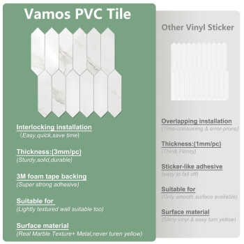 Vamos Tile Glossy White Marble Backsplash Tile Peel And Stick 128 X 128 Inch 10 Sheets Long Hexagon Pvc Self Adhesive Mosaic