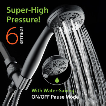 Aquadance High Pressure 6Setting Matte Black Handheld Shower Head With Stainless Steel Hose Officially Independently Tested To