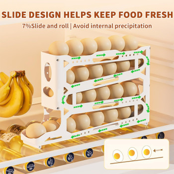 Ludehem 4 Layers Egg Holder For Fridge Automatically Rolling Egg Storage Container Spacesaving Egg Dispenser Holder Plastic Eg