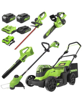 Greenworks 48V 2X24V 17 Cordless Push Mower 10 String Trimmer 320 Cfm Blower 10 Chainsaw And 22 Hedge Trimmer Combo