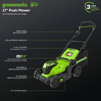 Greenworks 48V 2X24V 17 Cordless Push Mower 10 String Trimmer 320 Cfm Blower 10 Chainsaw And 22 Hedge Trimmer Combo