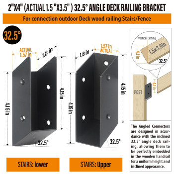 Wocepu 325Stair Angle Stainless Steel Deck Railing Brackets Connectors For 2X4 Actual 15X35 Railing Wood Post 4 Pa