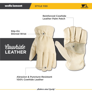 Leather Work Gloves With Reinforced Palm Diy Yardwork Construction Motorcycle Xlarge Wells Lamont 1130Xl Tan White