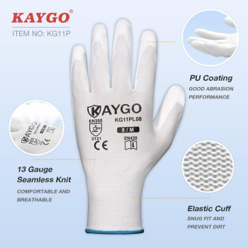 Kaygo Safety Work Gloves Pu Coated12 Pairs Kg11Pb Seamless Knit Glove With Polyurethane Coated Smooth Grip On Palm Fingers