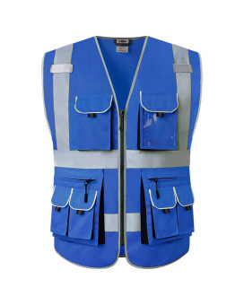 Jksafety 10 Pockets Blue Color Safety Vest Zipper Front With High Reflective Strips Meets Ansiisea Standards 88Blue Large