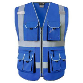 Jksafety 10 Pockets Blue Color Safety Vest Zipper Front With High Reflective Strips Meets Ansiisea Standards 88Blue Large