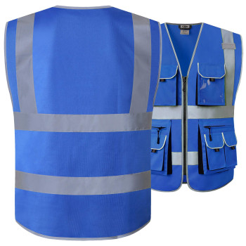 Jksafety 10 Pockets Blue Color Safety Vest Zipper Front With High Reflective Strips Meets Ansiisea Standards 88Blue Large