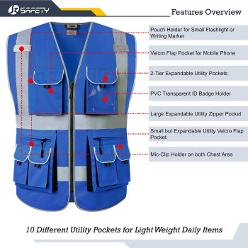 Jksafety 10 Pockets Blue Color Safety Vest Zipper Front With High Reflective Strips Meets Ansiisea Standards 88Blue Large