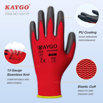 Kaygo Safety Work Gloves Pu Coated12 Pairs Seamless Knit Glove With Polyurethane Coated Smooth Grip On Palm Fingers For Men