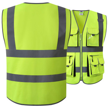 Jksafety 10 Pockets Class 2 High Visibility Zipper Front Safety Vest Yellow With High Reflective Strips Meets Ansiisea Standard