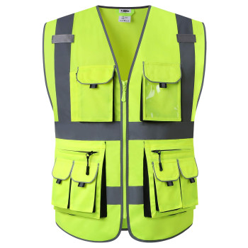 Jksafety 10 Pockets Class 2 High Visibility Zipper Front Safety Vest Yellow With High Reflective Strips Meets Ansiisea Standard