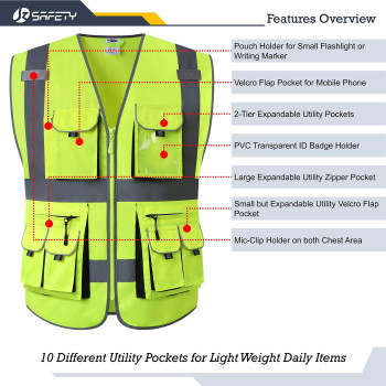 Jksafety 10 Pockets Class 2 High Visibility Zipper Front Safety Vest Yellow With High Reflective Strips Meets Ansiisea Standard