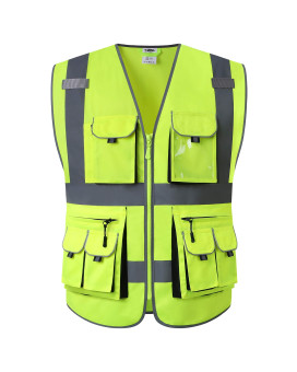 Jksafety 10 Pockets Class 2 High Visibility Zipper Front Safety Vest Yellow With High Reflective Strips Meets Ansiisea Standard