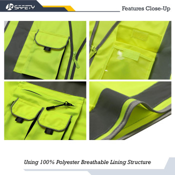 Jksafety 10 Pockets Class 2 High Visibility Zipper Front Safety Vest Yellow With High Reflective Strips Meets Ansiisea Standard