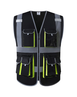 Jksafety 10 Pockets Black Color Safety Vest Zipper Front With High Reflective Strips Meets Ansiisea Standards 88Black Large