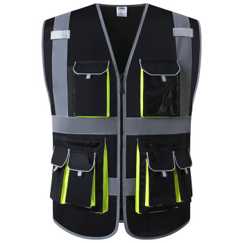 Jksafety 10 Pockets Black Color Safety Vest Zipper Front With High Reflective Strips Meets Ansiisea Standards 88Black Large