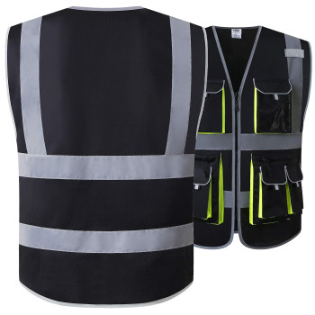 Jksafety 10 Pockets Black Color Safety Vest Zipper Front With High Reflective Strips Meets Ansiisea Standards 88Black Xxlar