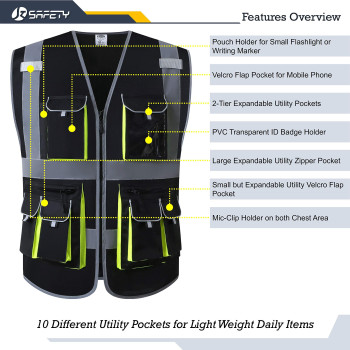 Jksafety 10 Pockets Black Color Safety Vest Zipper Front With High Reflective Strips Meets Ansiisea Standards 88Black Xxlar