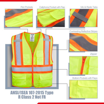 Kaygo High Visibility Safety Vests Kg0100 Reflective Vest With Pockets And Zipper Ansi Type R Class 2 Not Frm Yellow