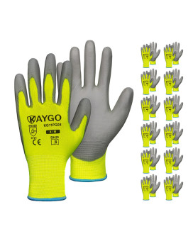 Kaygo Medium Green Safety Work Gloves Pu Coated 12 Pairs Kg11Pb