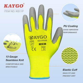 Kaygo Medium Green Safety Work Gloves Pu Coated 12 Pairs Kg11Pb