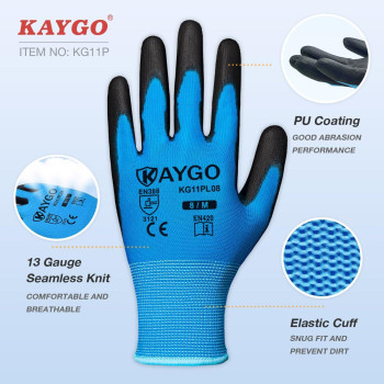 Kaygo Safety Work Gloves Pu Coated12 Pairs Kg11Pb Seamless Knit Glove With Polyurethane Coated Smooth Grip On Palm Fingers