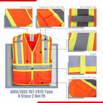 Kaygo High Visibility Safety Vests Kg0100 Reflective Vest With Pockets And Zipper Ansi Type R Class 2 Not Frorange Xl