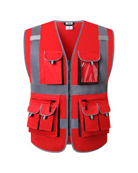 Jksafety 10 Pockets High Visibility Zipper Front Red Safety Vest With High Reflective Strips Meets Ansiisea Standards Large 8