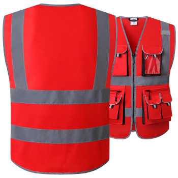 Jksafety 10 Pockets High Visibility Zipper Front Red Safety Vest With High Reflective Strips Meets Ansiisea Standards Xxlarge