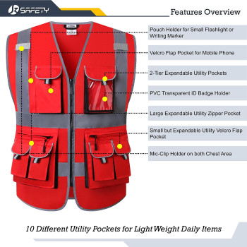 Jksafety 10 Pockets High Visibility Zipper Front Red Safety Vest With High Reflective Strips Meets Ansiisea Standards Xxlarge