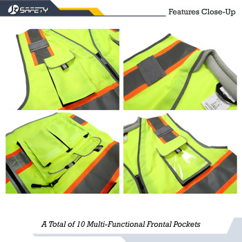 Jksafety 10 Pockets Class 2 Hivis Zipper Front Safety Vest Cushioned Collar High Reflective Tapes With Extended Neon Orange