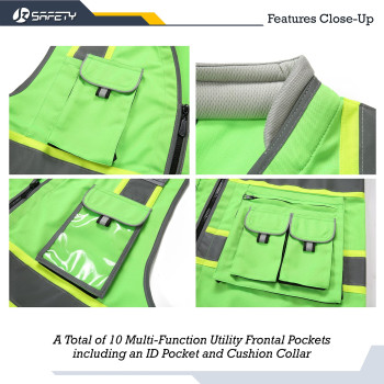 Jksafety 10 Pockets Hivis Zipper Front Fluorescent Green Safety Vest Cushioned Collar High Reflective Tapes With Extended N