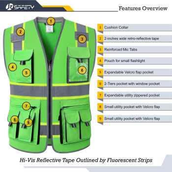 Jksafety 10 Pockets Hivis Zipper Front Fluorescent Green Safety Vest Cushioned Collar High Reflective Tapes With Extended N