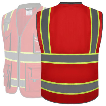 Jksafety 10 Pockets Hivis Zipper Front Fluorescent Red Safety Vest Cushioned Collar High Reflective Tapes With Extended Neo