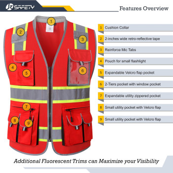 Jksafety 10 Pockets Hivis Zipper Front Fluorescent Red Safety Vest Cushioned Collar High Reflective Tapes With Extended Neo