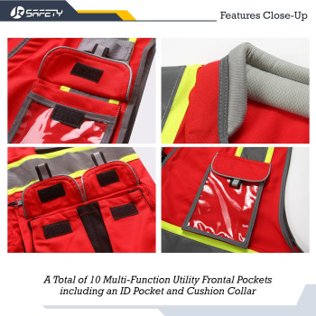 Jksafety 10 Pockets Hivis Zipper Front Fluorescent Red Safety Vest Cushioned Collar High Reflective Tapes With Extended Neo