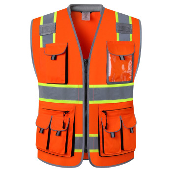 Jksafety 10 Pockets Class 2 Hivis Zipper Front Safety Vest Cushioned Collar High Reflective Tapes With Extended Neon Yellow