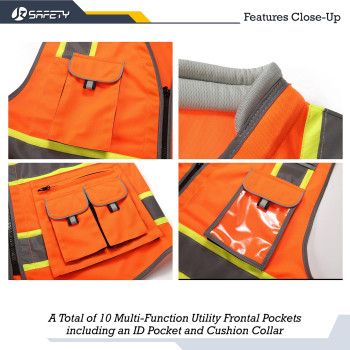 Jksafety 10 Pockets Class 2 Hivis Zipper Front Safety Vest Cushioned Collar High Reflective Tapes With Extended Neon Yellow