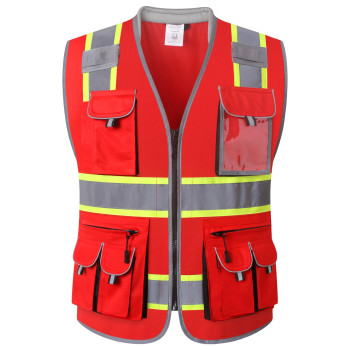 Jksafety 10 Pockets Hivis Zipper Front Fluorescent Red Safety Vest Cushioned Collar High Reflective Tapes With Extended Neo