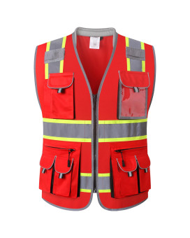 Jksafety 10 Pockets Hivis Zipper Front Fluorescent Red Safety Vest Cushioned Collar High Reflective Tapes With Extended Neo