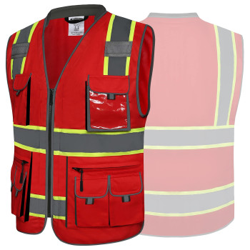 Jksafety 10 Pockets Hivis Zipper Front Fluorescent Red Safety Vest Cushioned Collar High Reflective Tapes With Extended Neo