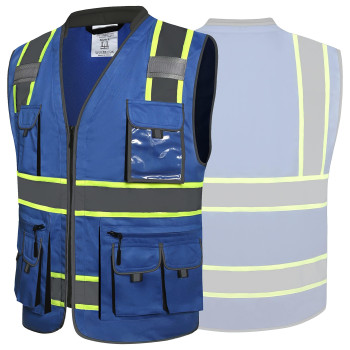 Jksafety 10 Pockets Hivis Zipper Front Fluorescent Blue Safety Vest Cushioned Collar High Reflective Tapes With Extended Ne